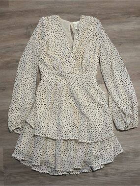 Women's Cream Polka Dot Long-Sleeve Tiered Dress